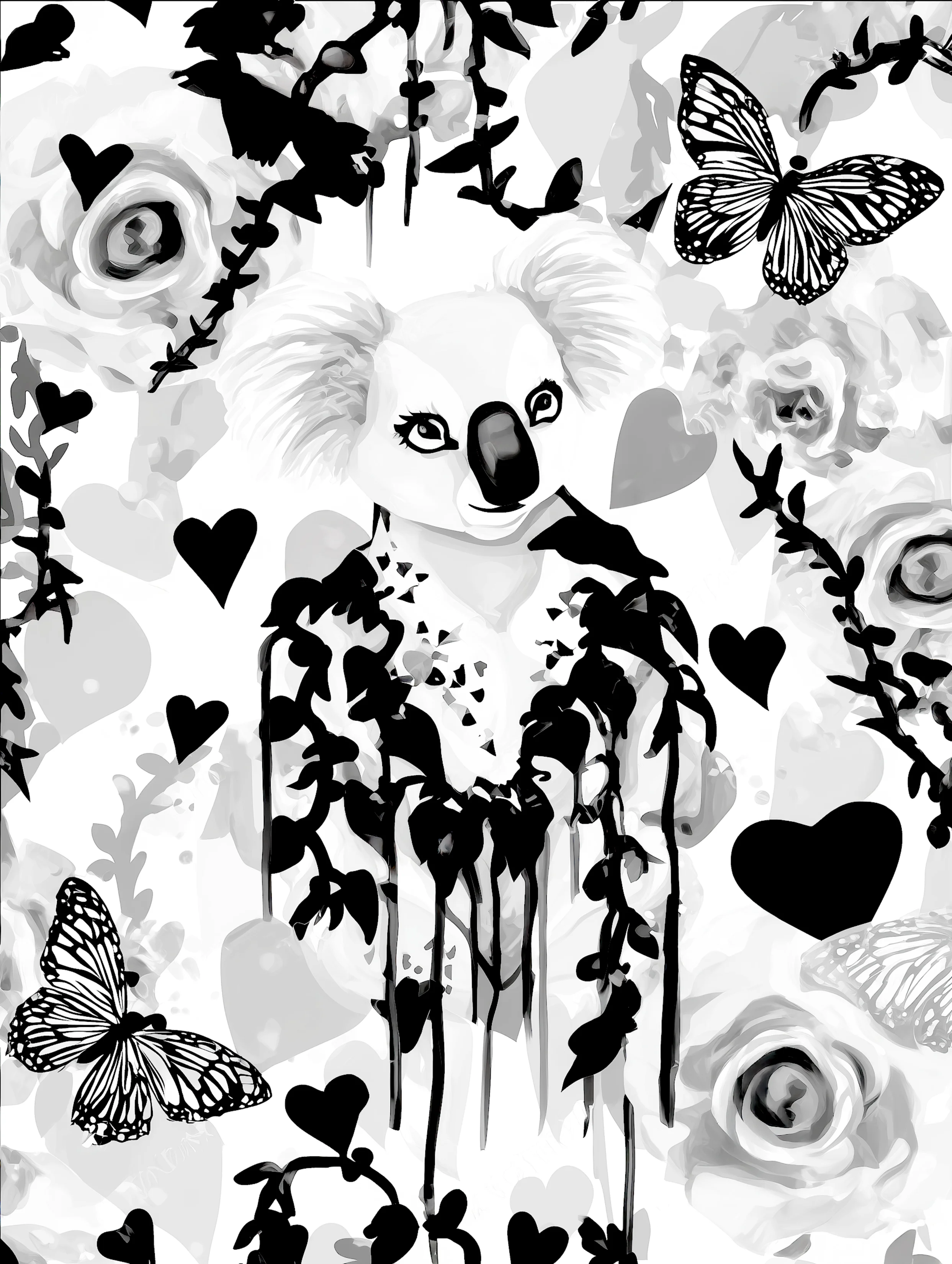 Free printable koala coloring page for adults featuring a koala covered in vines